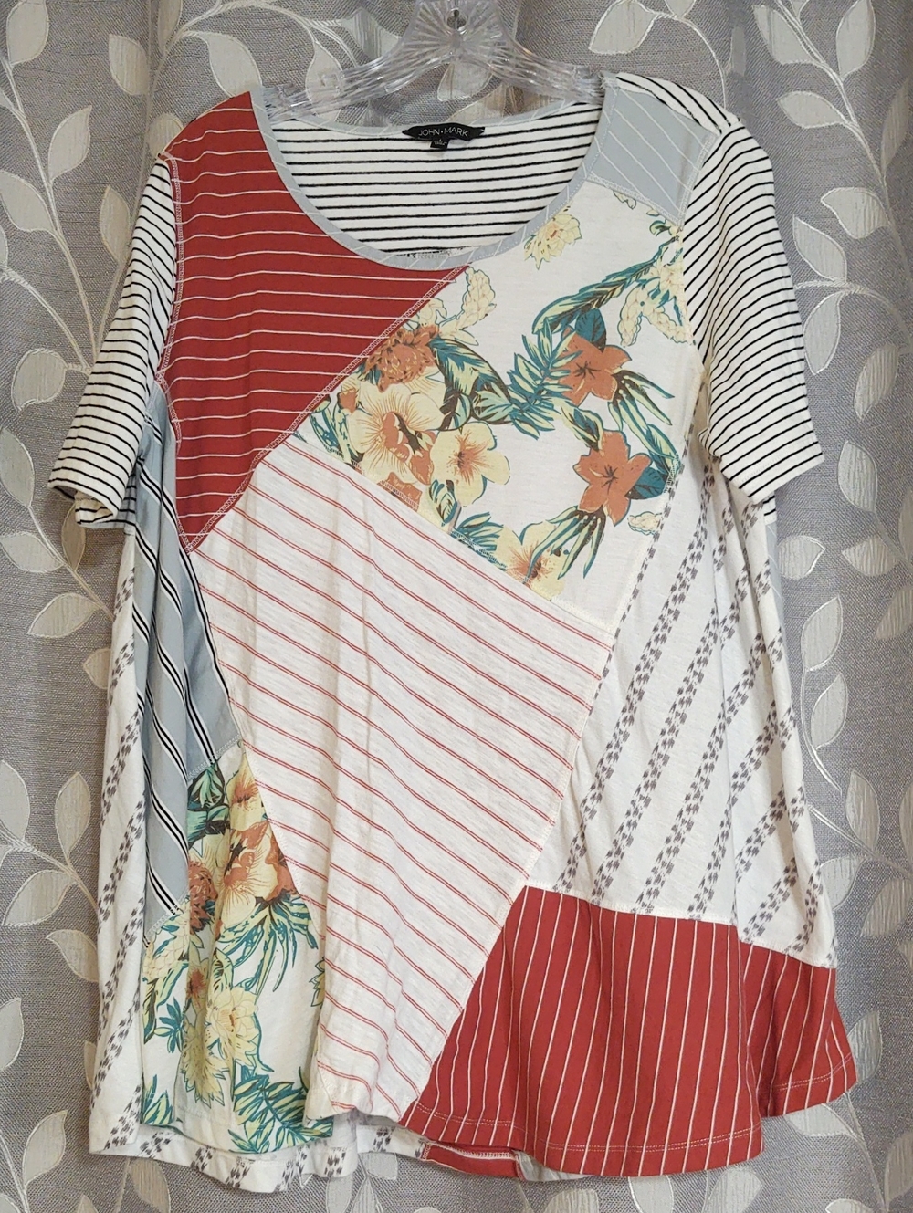 John Mark Cotton Patchwork Scoop Neck Tunic in Rust, Cream & Teal Accents size L